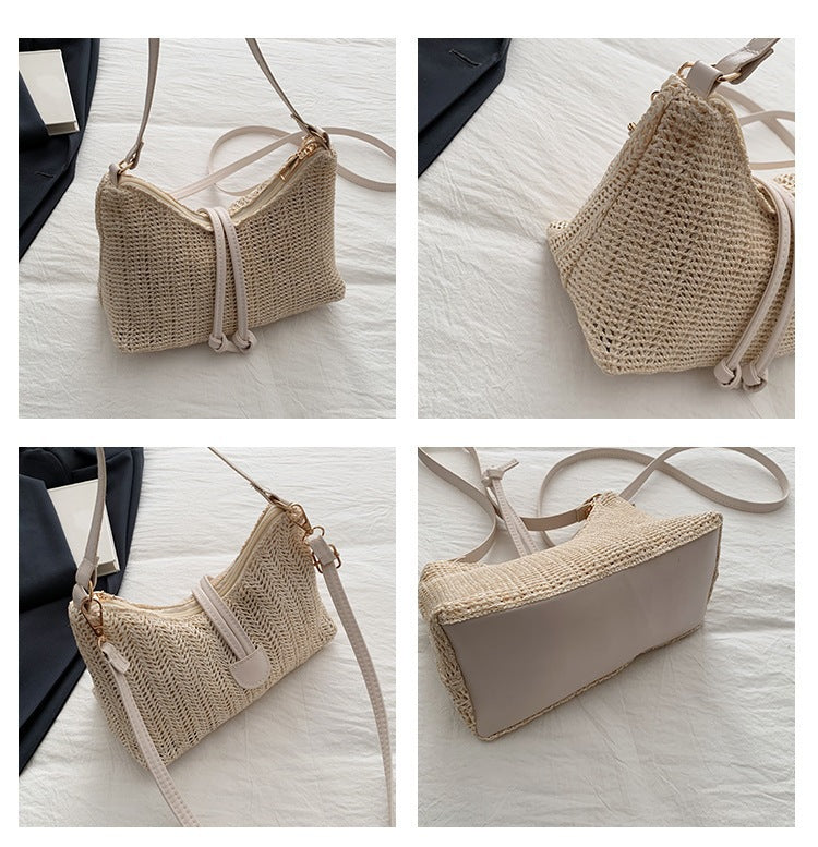 Beige Woven Straw Shoulder Bag with Strap