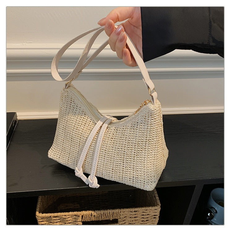 Beige Woven Straw Shoulder Bag with Strap