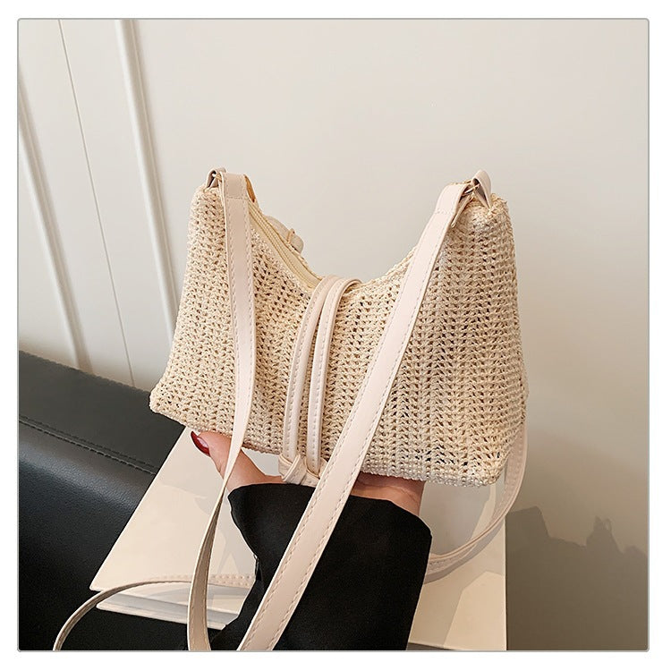 Beige Woven Straw Shoulder Bag with Strap