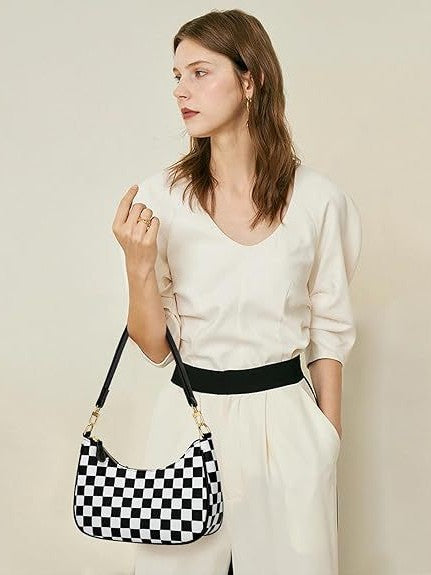 Black White Checkered Shoulder Handbag