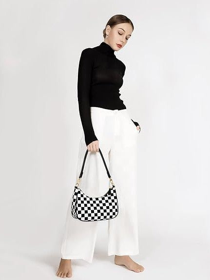 Black White Checkered Shoulder Handbag