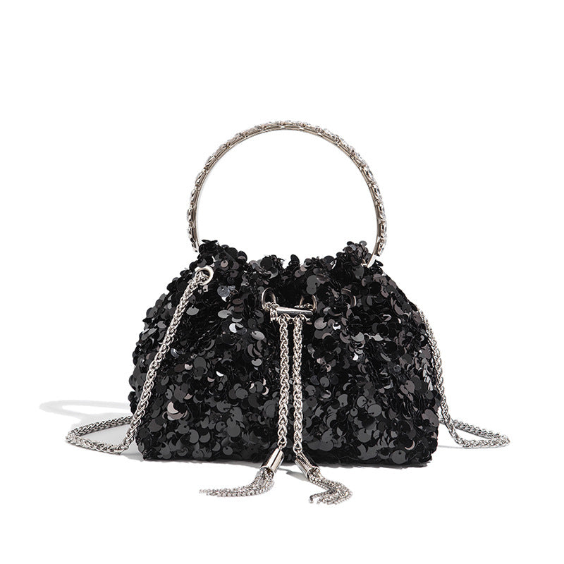 Sequin Ring Handle Mini Bucket Evening Bag