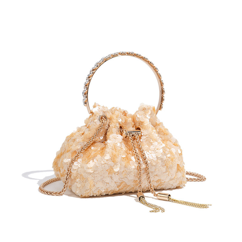 Sequin Ring Handle Mini Bucket Evening Bag