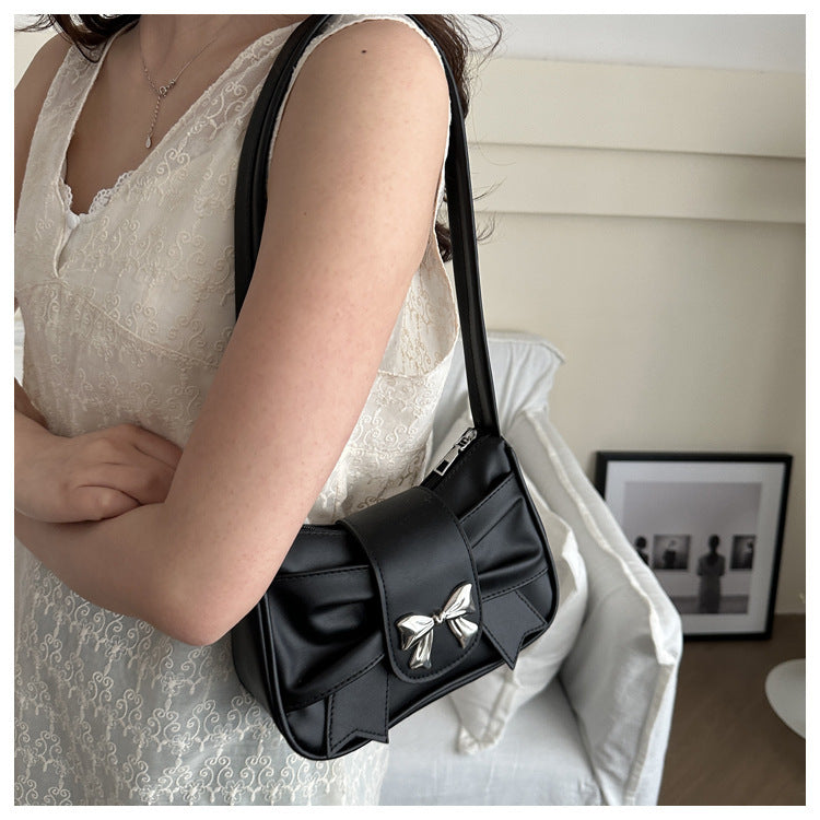 Women`s Ruched Bow Shoulder Baguette Purse