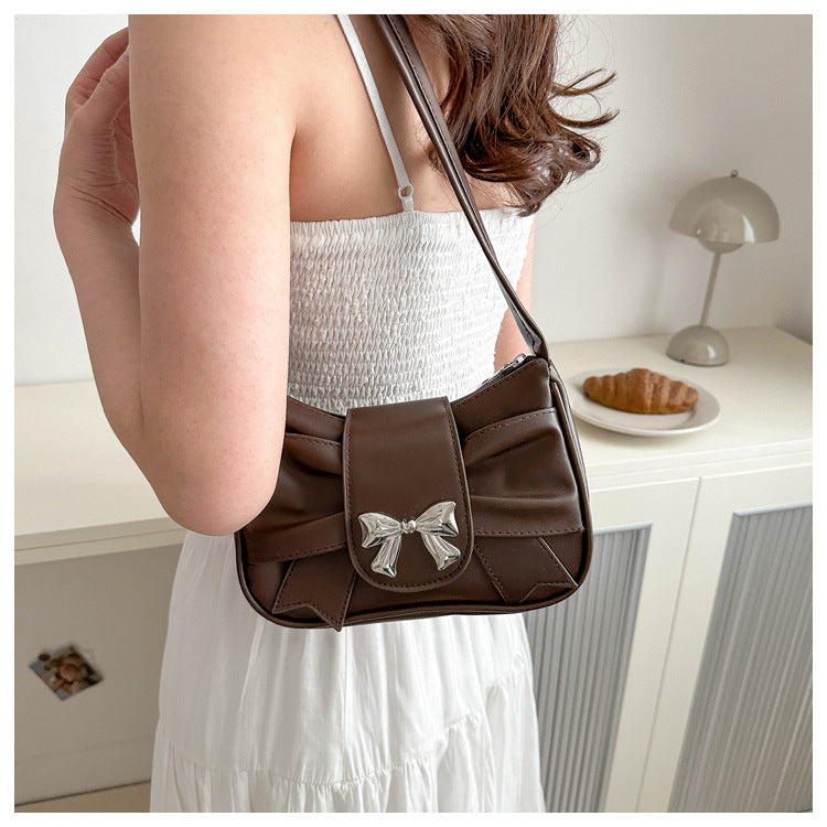 Women`s Ruched Bow Shoulder Baguette Purse