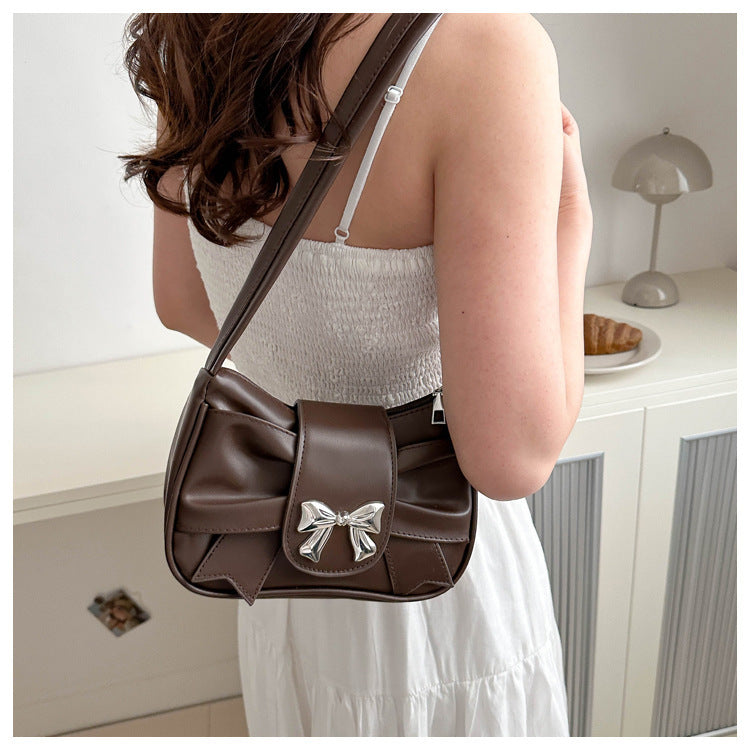 Women`s Ruched Bow Shoulder Baguette Purse