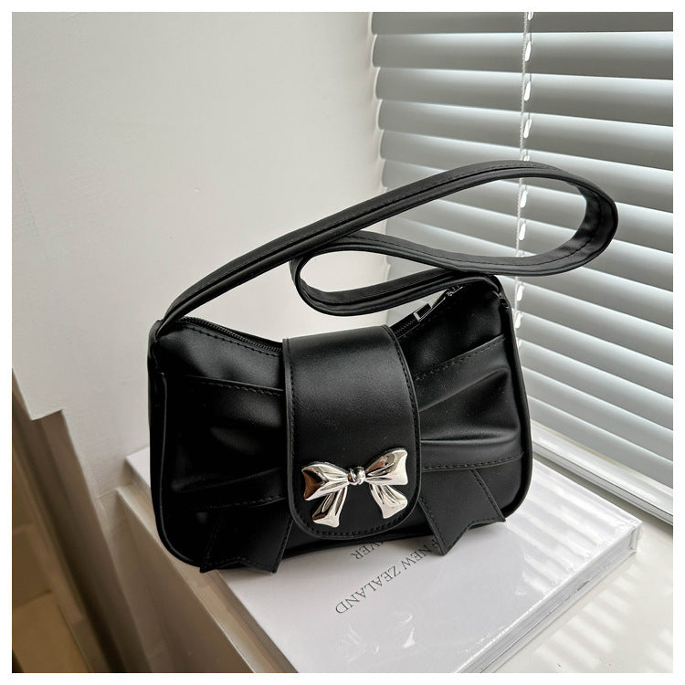 Women`s Ruched Bow Shoulder Baguette Purse
