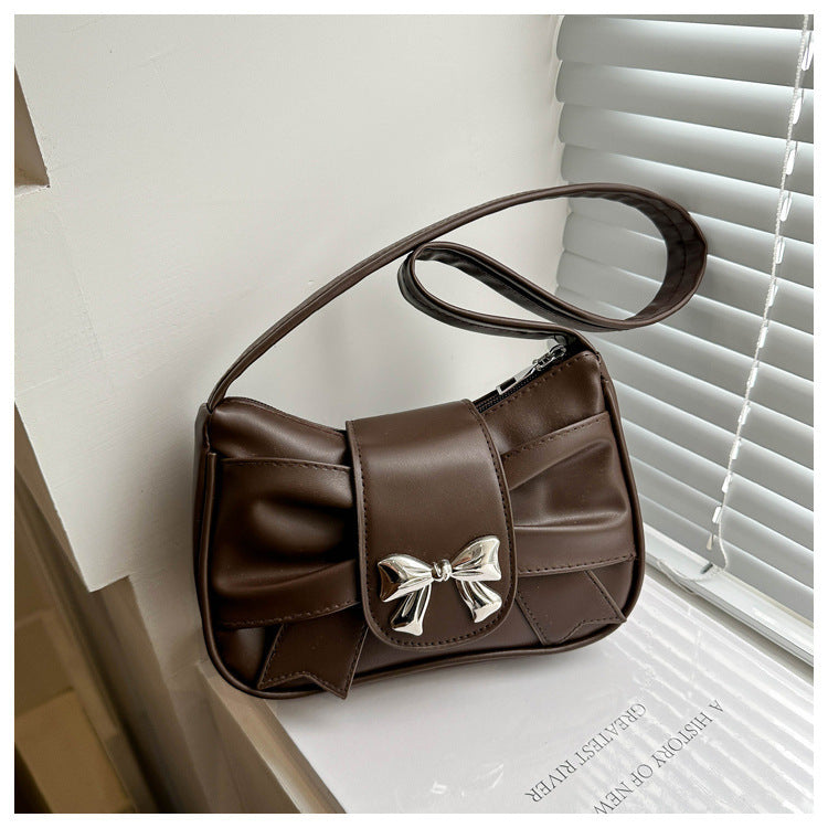 Women`s Ruched Bow Shoulder Baguette Purse