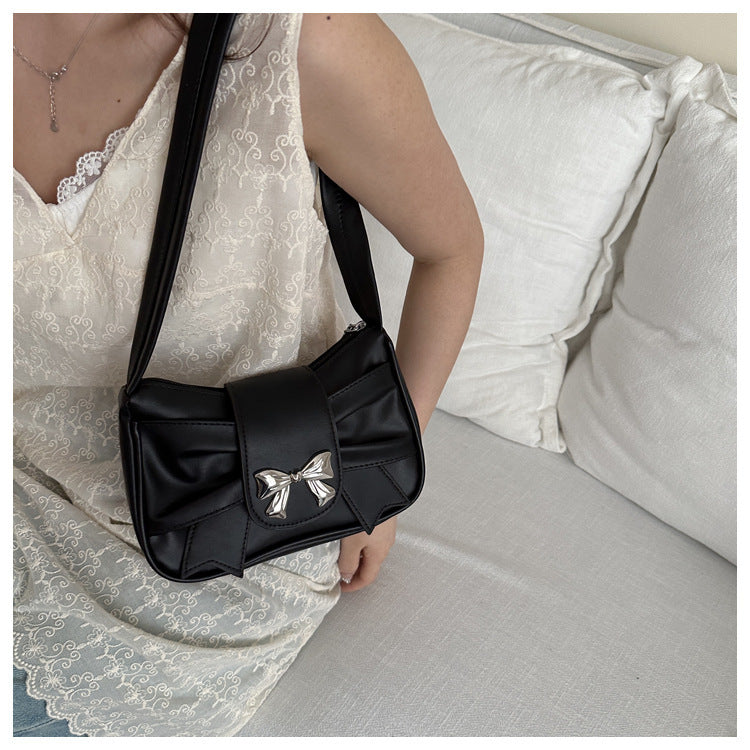 Women`s Ruched Bow Shoulder Baguette Purse