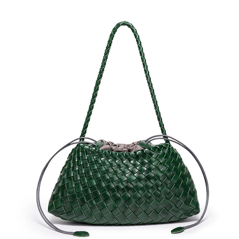 Woven Leather Drawstring Shoulder Bag