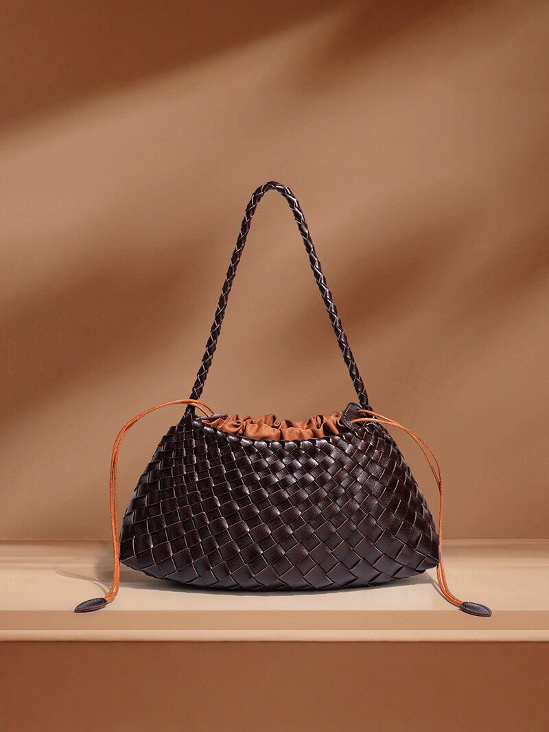 Woven Leather Drawstring Shoulder Bag