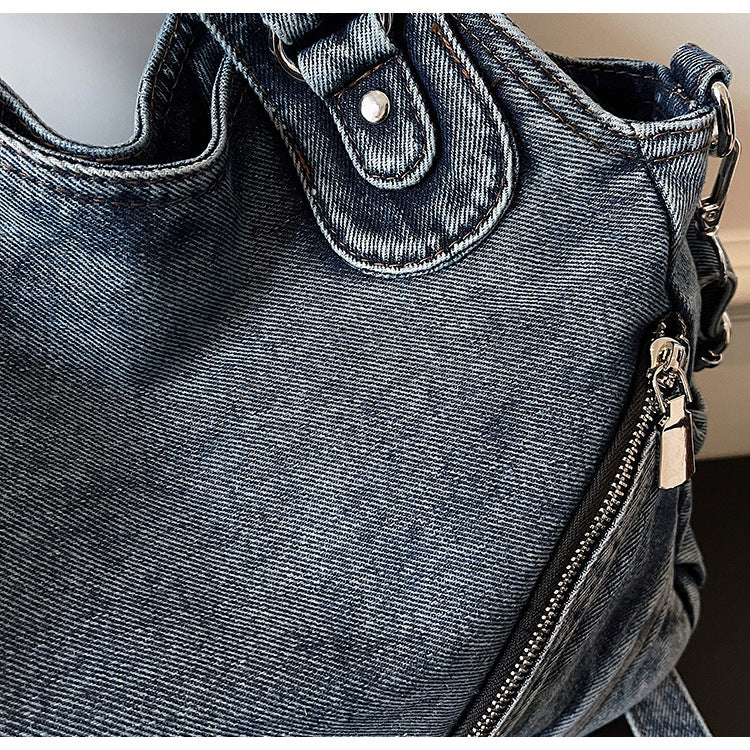 Vintage Wash Distressed Denim Tote Bag