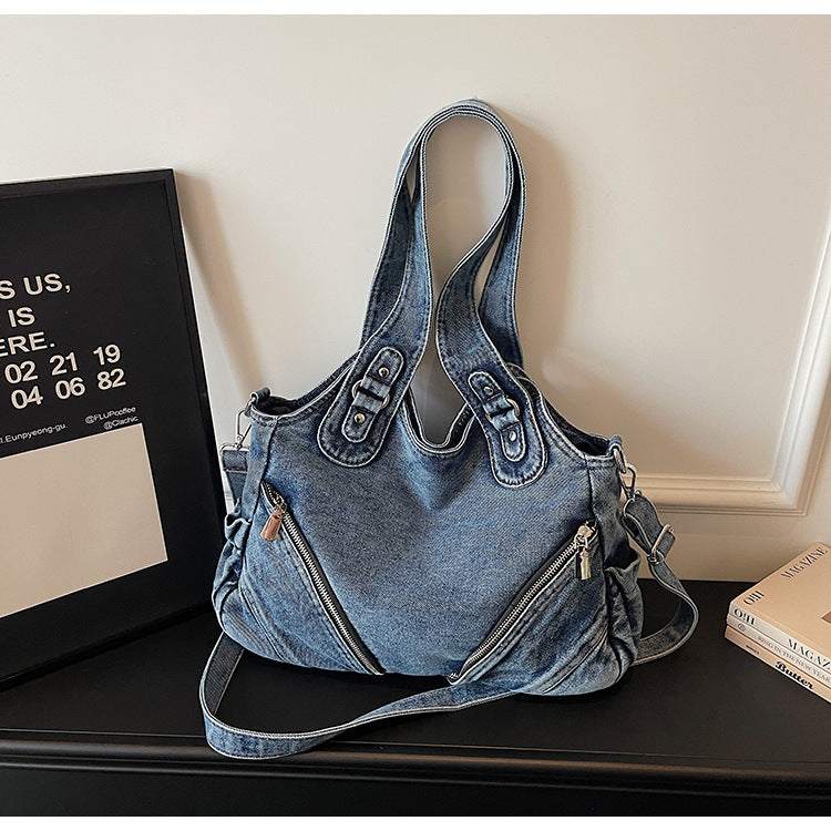 Vintage Wash Distressed Denim Tote Bag