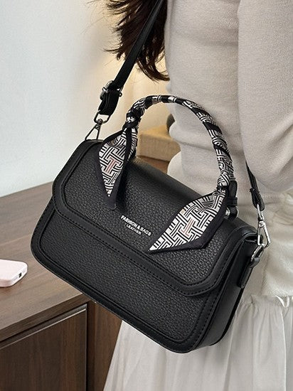 Textured Leather Handbag with Scarf