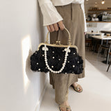 Women's Pearl Floral Evening Clutch Handbag Black