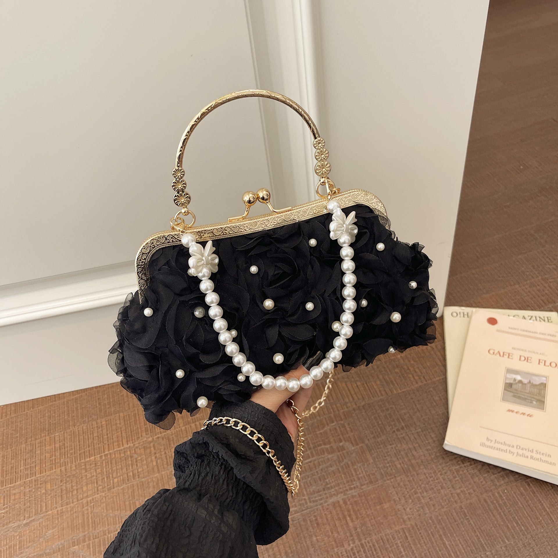 Women's Pearl Floral Evening Clutch Handbag Black