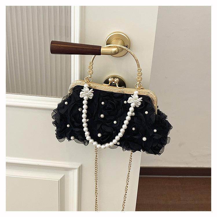 Women's Pearl Floral Evening Clutch Handbag Black