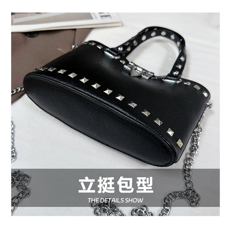 Women's Studded Black Tote Shoulder Bag Chain