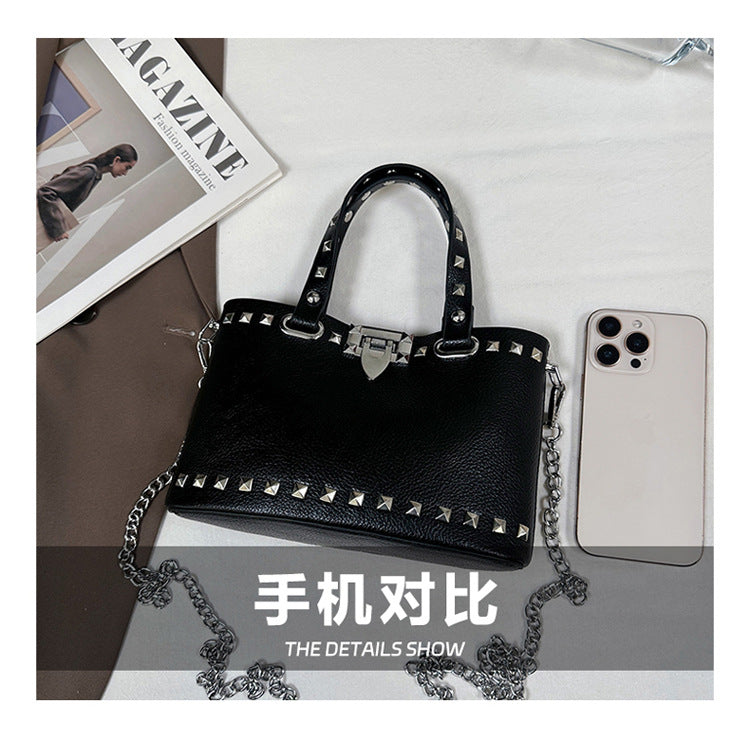 Women's Studded Black Tote Shoulder Bag Chain