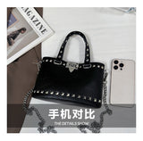 Women's Studded Black Tote Shoulder Bag Chain