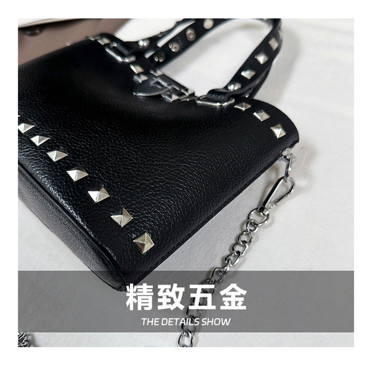 Women's Studded Black Tote Shoulder Bag Chain
