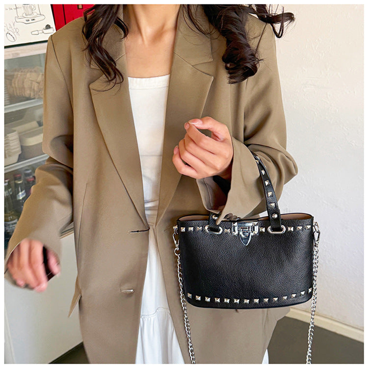 Women's Studded Black Tote Shoulder Bag Chain