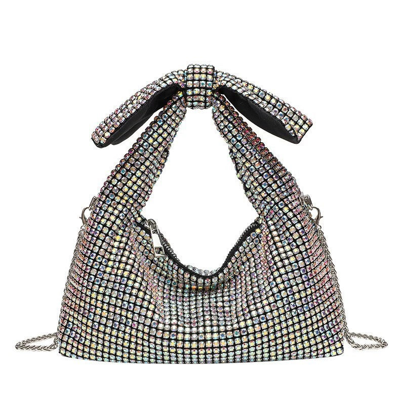 Iridescent Rhinestone Knotted Bow Shoulder Bag