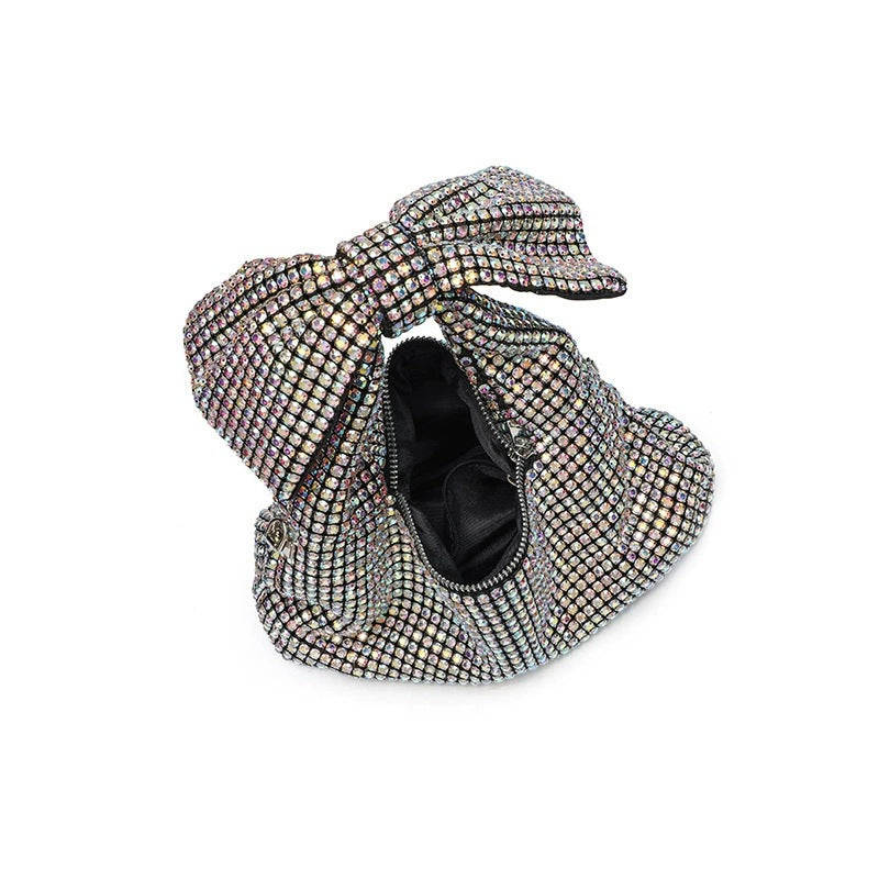 Iridescent Rhinestone Knotted Bow Shoulder Bag
