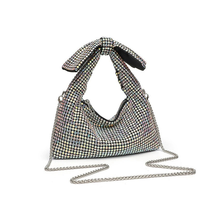 Iridescent Rhinestone Knotted Bow Shoulder Bag