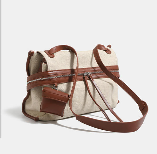 Canvas Leather Trim Large Tote Shoulder Bag