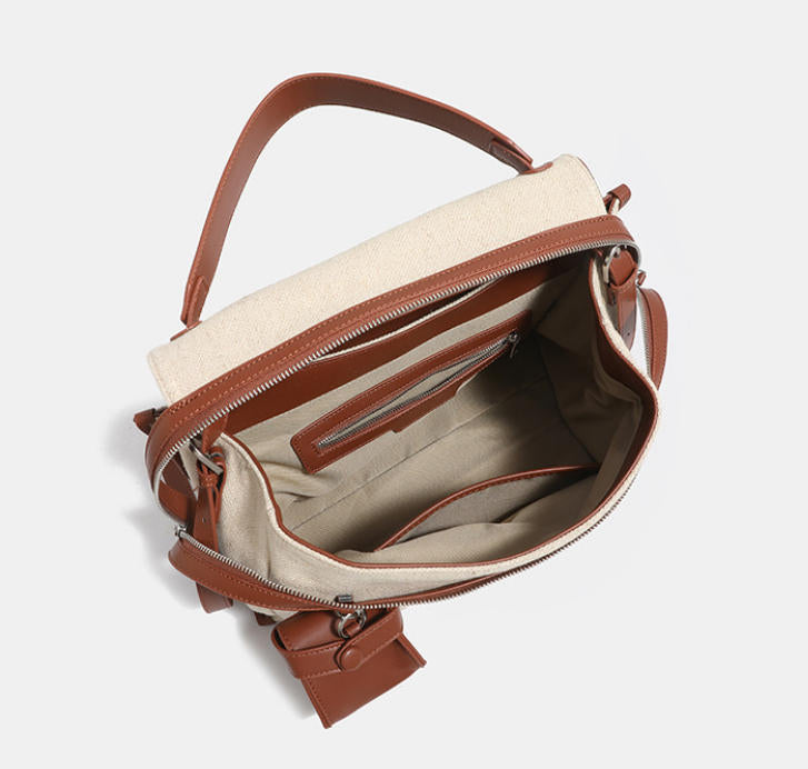 Canvas Leather Trim Large Tote Shoulder Bag