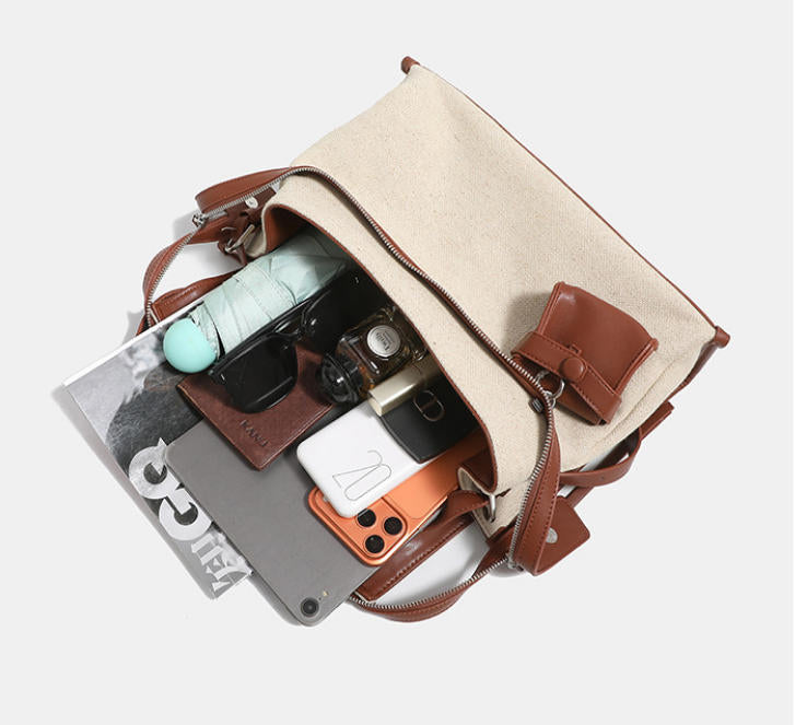 Canvas Leather Trim Large Tote Shoulder Bag