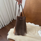 Women's Woven Fringe Bucket Bag