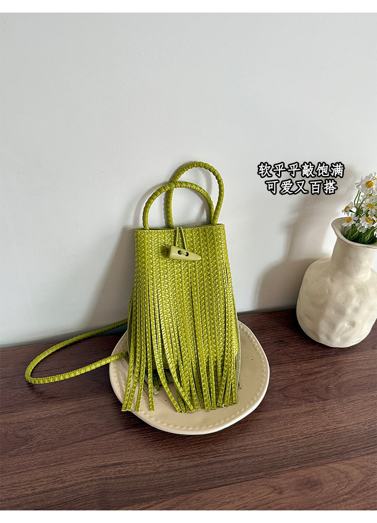 Women's Woven Fringe Bucket Bag
