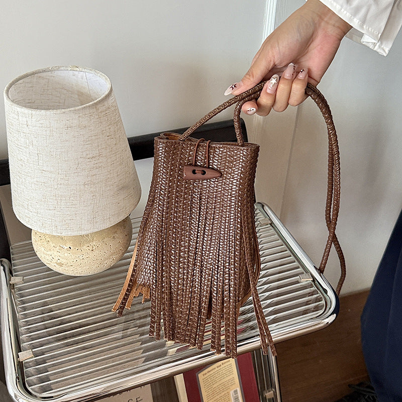 Women's Woven Fringe Bucket Bag