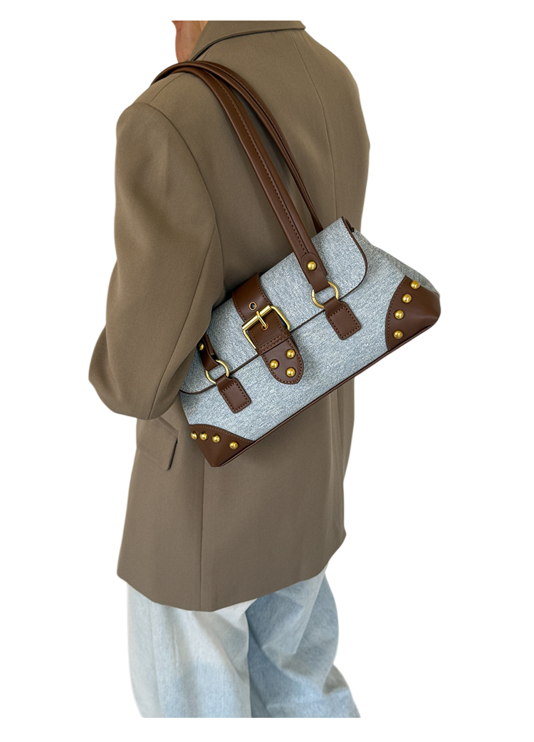 Women’s Denim Brown Buckle Shoulder Handbag