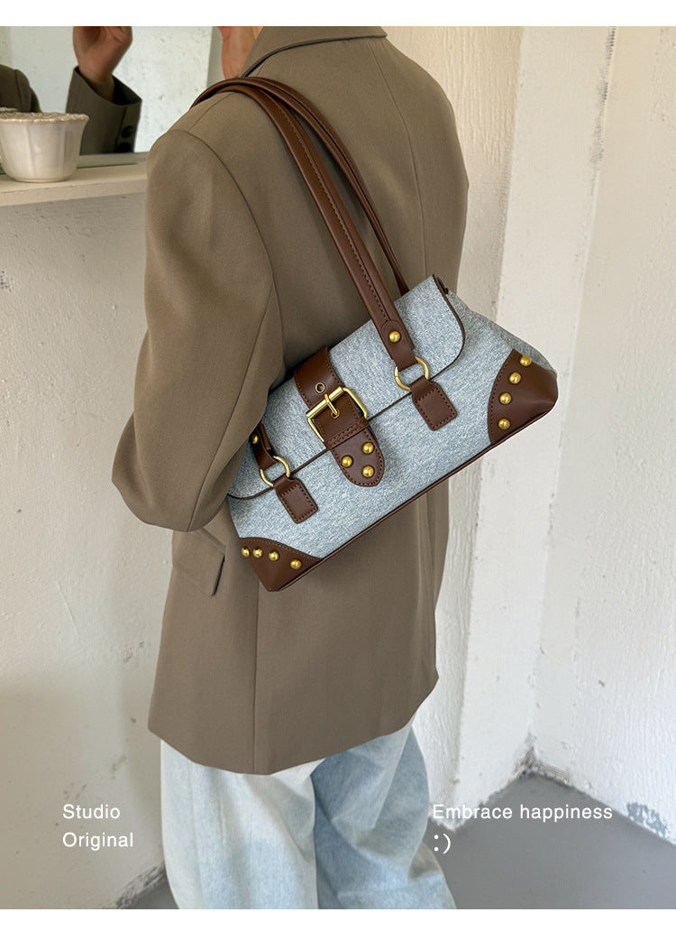Women’s Denim Brown Buckle Shoulder Handbag