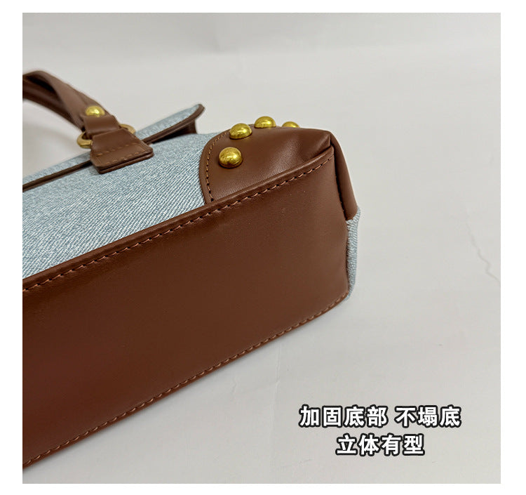 Women’s Denim Brown Buckle Shoulder Handbag