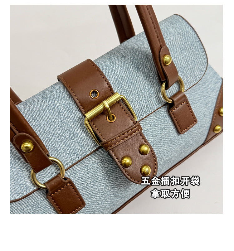 Women’s Denim Brown Buckle Shoulder Handbag