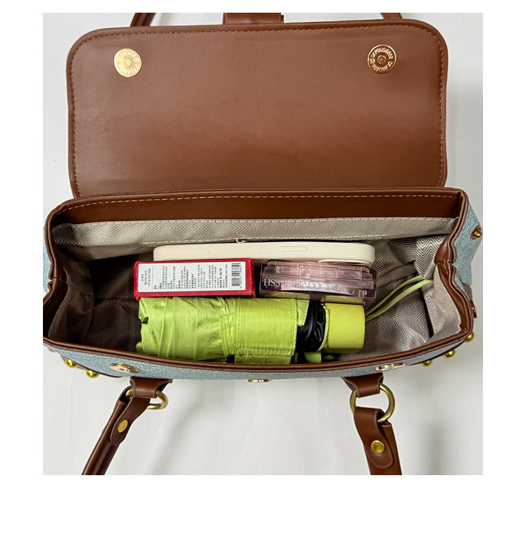 Women’s Denim Brown Buckle Shoulder Handbag