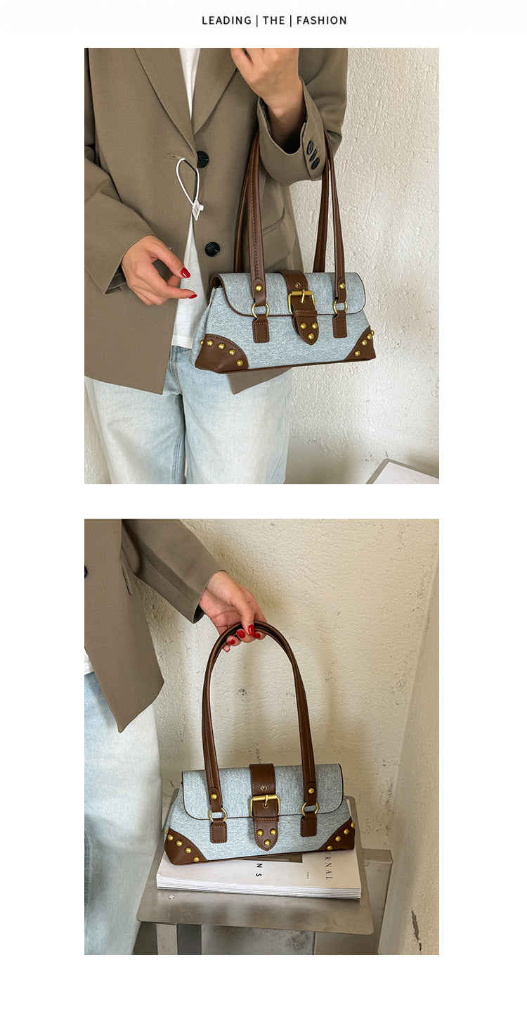 Women’s Denim Brown Buckle Shoulder Handbag