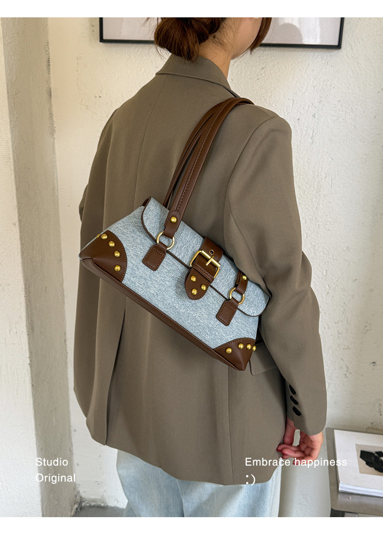 Women’s Denim Brown Buckle Shoulder Handbag