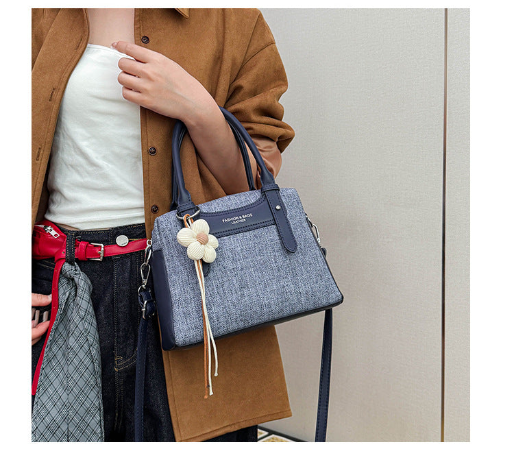 Blue Textured Top-Handle Bag
