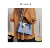 Blue Textured Top-Handle Bag