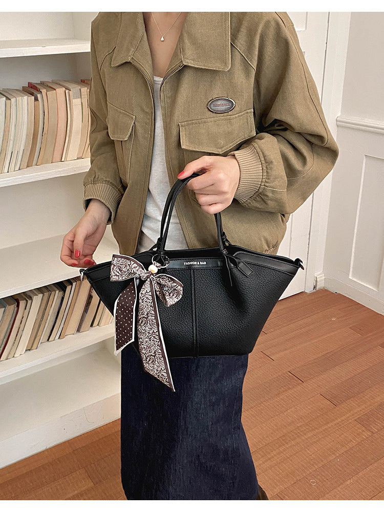Women’s Structured Tote Handbag with Scarf Detail and Shoulder Strap