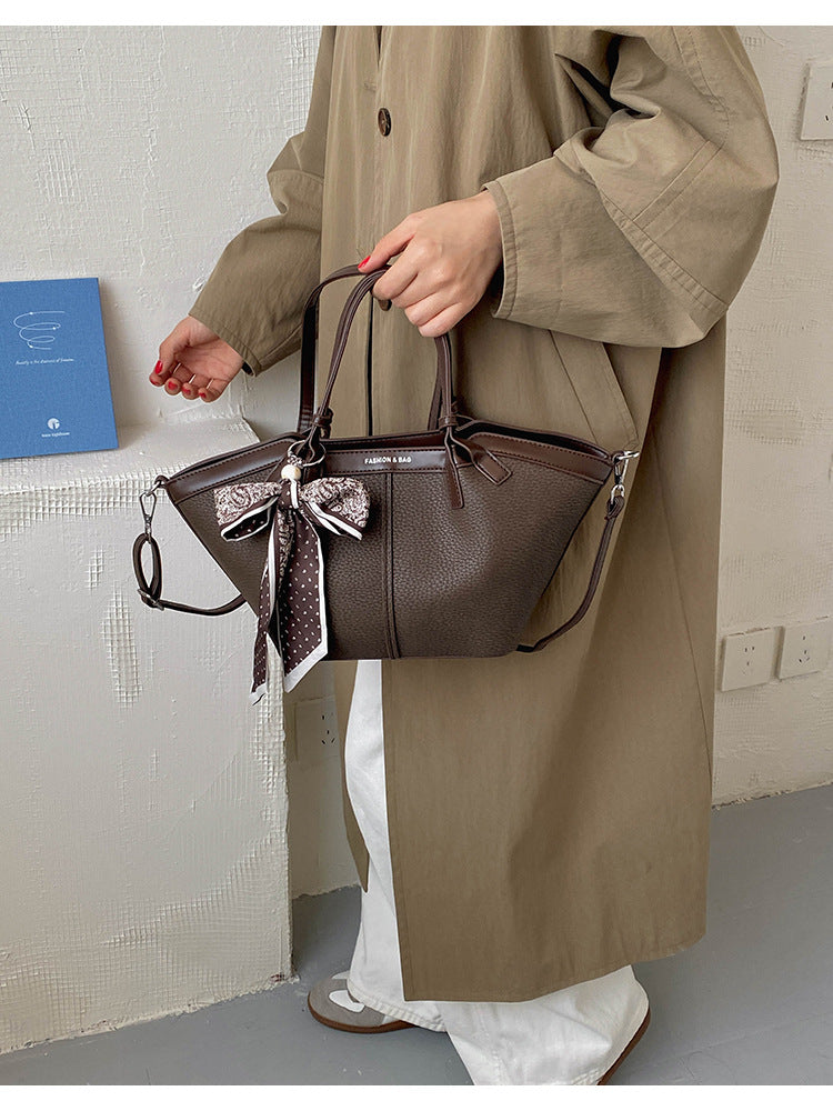 Women’s Structured Tote Handbag with Scarf Detail and Shoulder Strap