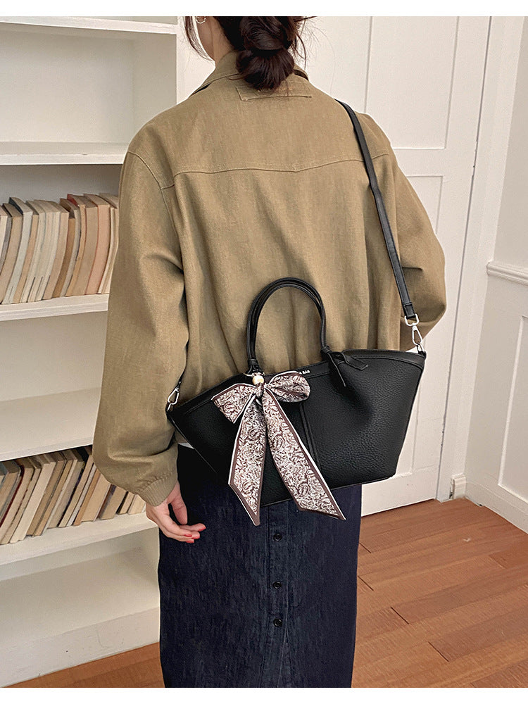Women’s Structured Tote Handbag with Scarf Detail and Shoulder Strap