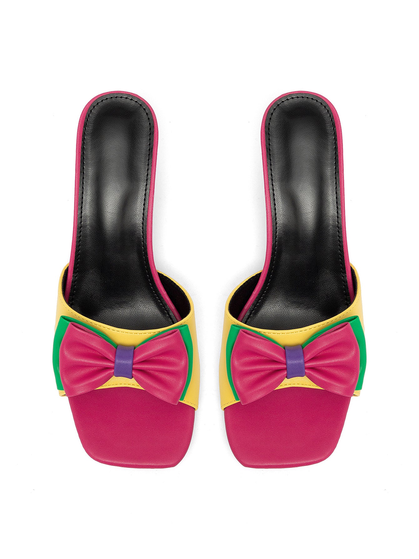 Colorblock Bow Block Heel Slide Sandals