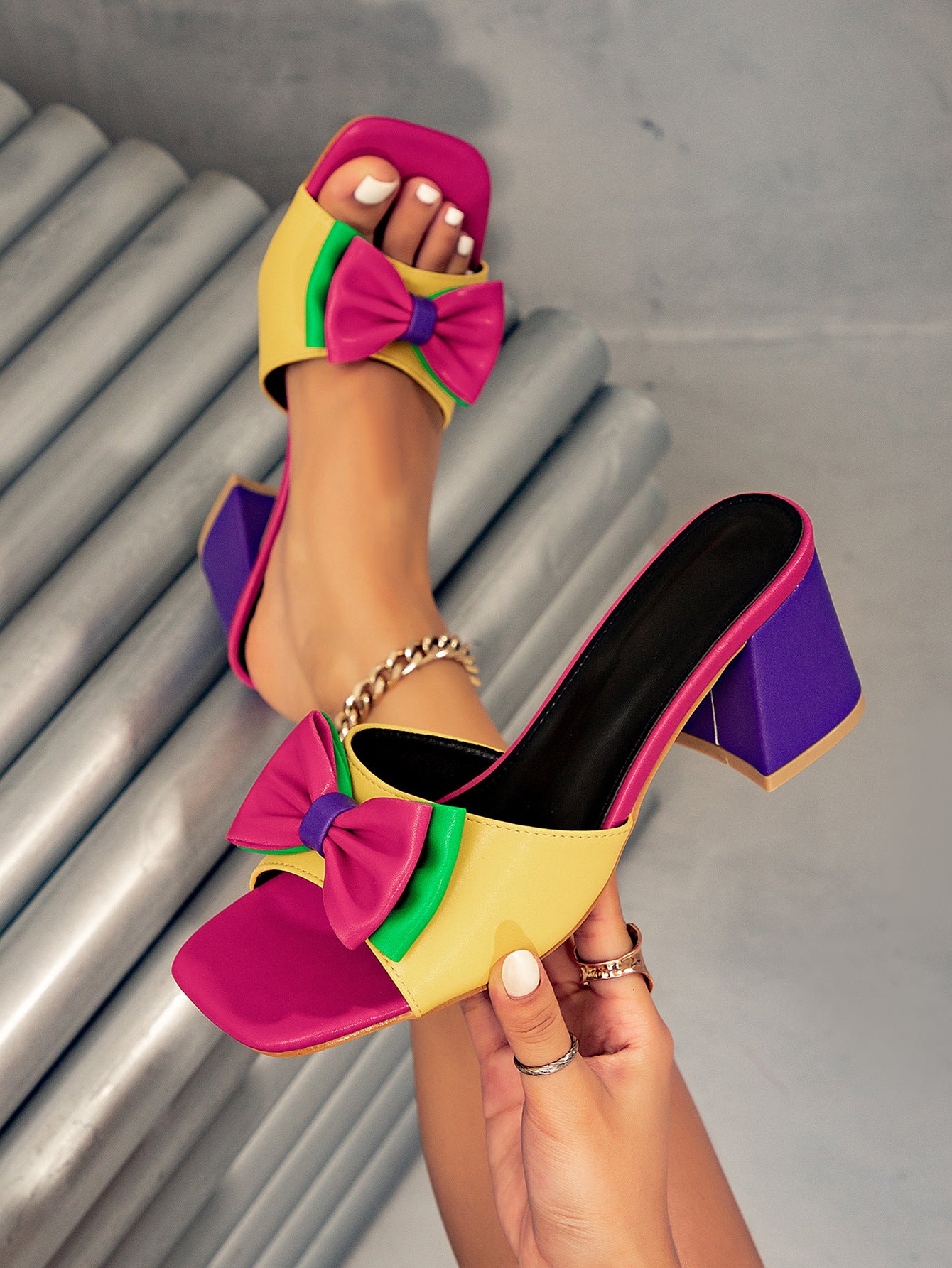 Colorblock Bow Block Heel Slide Sandals