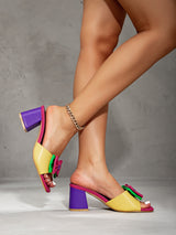 Colorblock Bow Block Heel Slide Sandals